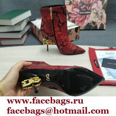 Dolce  &  Gabbana Thin Heel 10.5cm Leather Ankle Boots Snake Print Red with Baroque DG Heel 2021